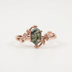 Long Hexagon Cut Moss Agate Leaf Solitaire Rose Gold Ring
