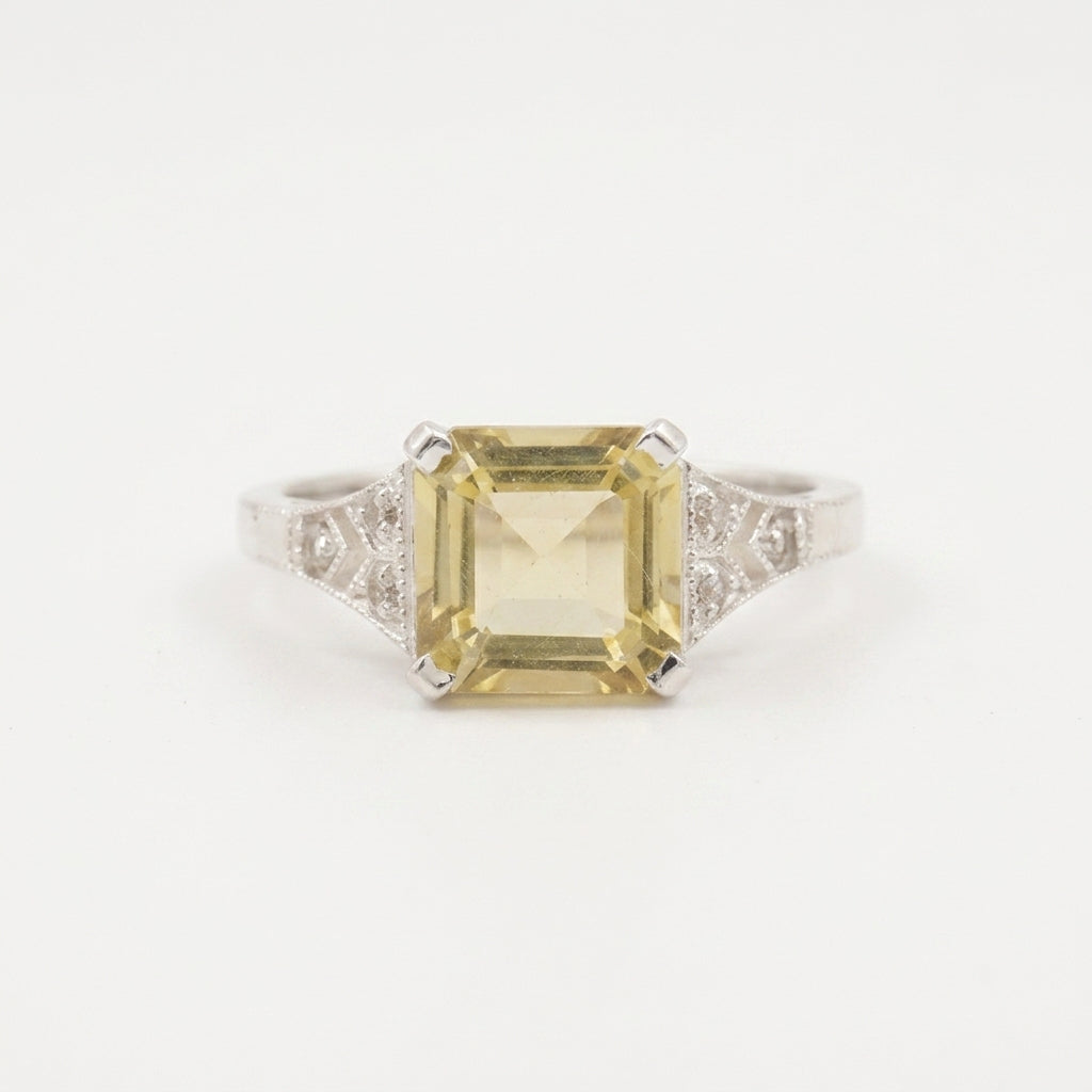 Yellow Moissanite Asscher Cut Silver Engagement Ring