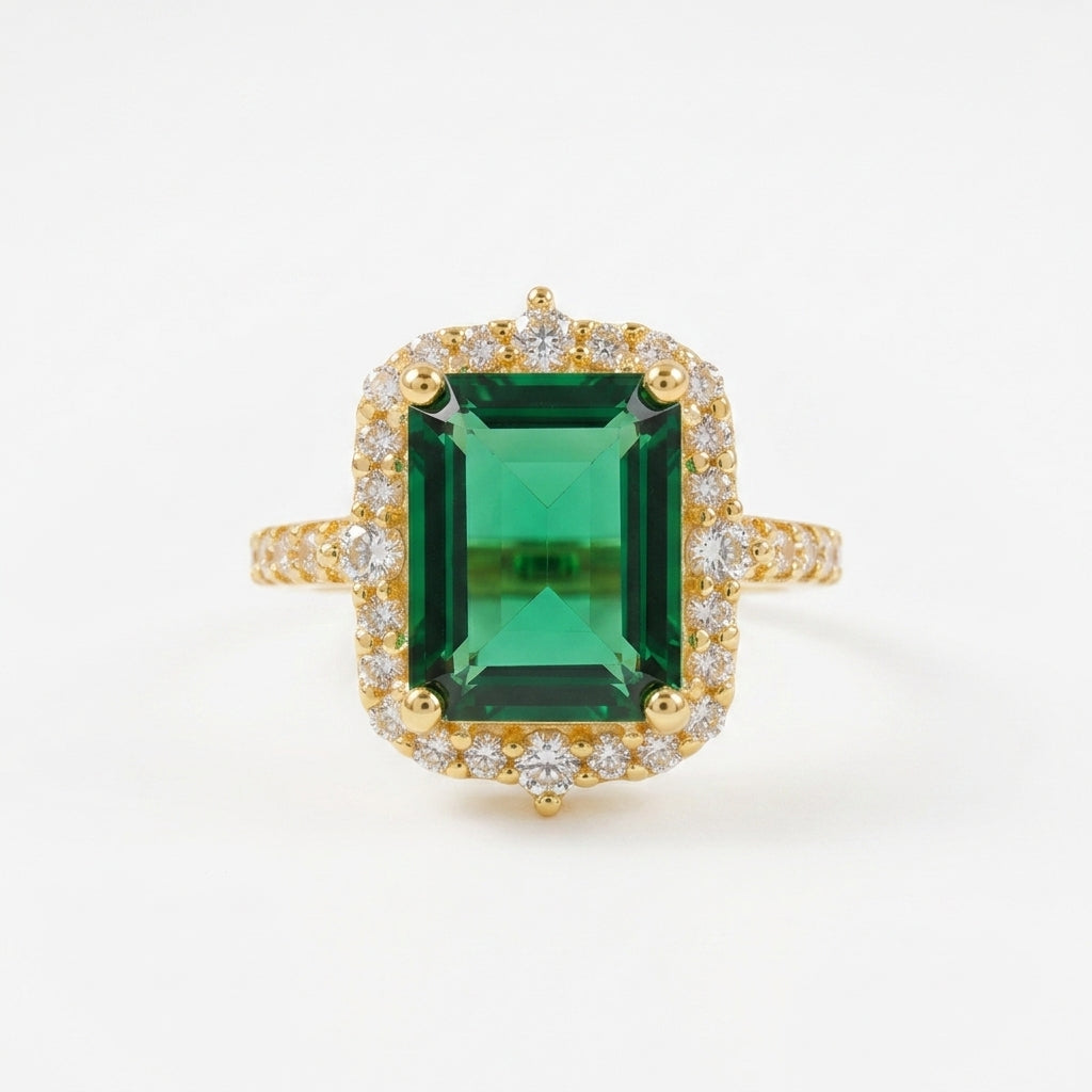 Emerald Cut Cluster Halo Gold Engagement Ring