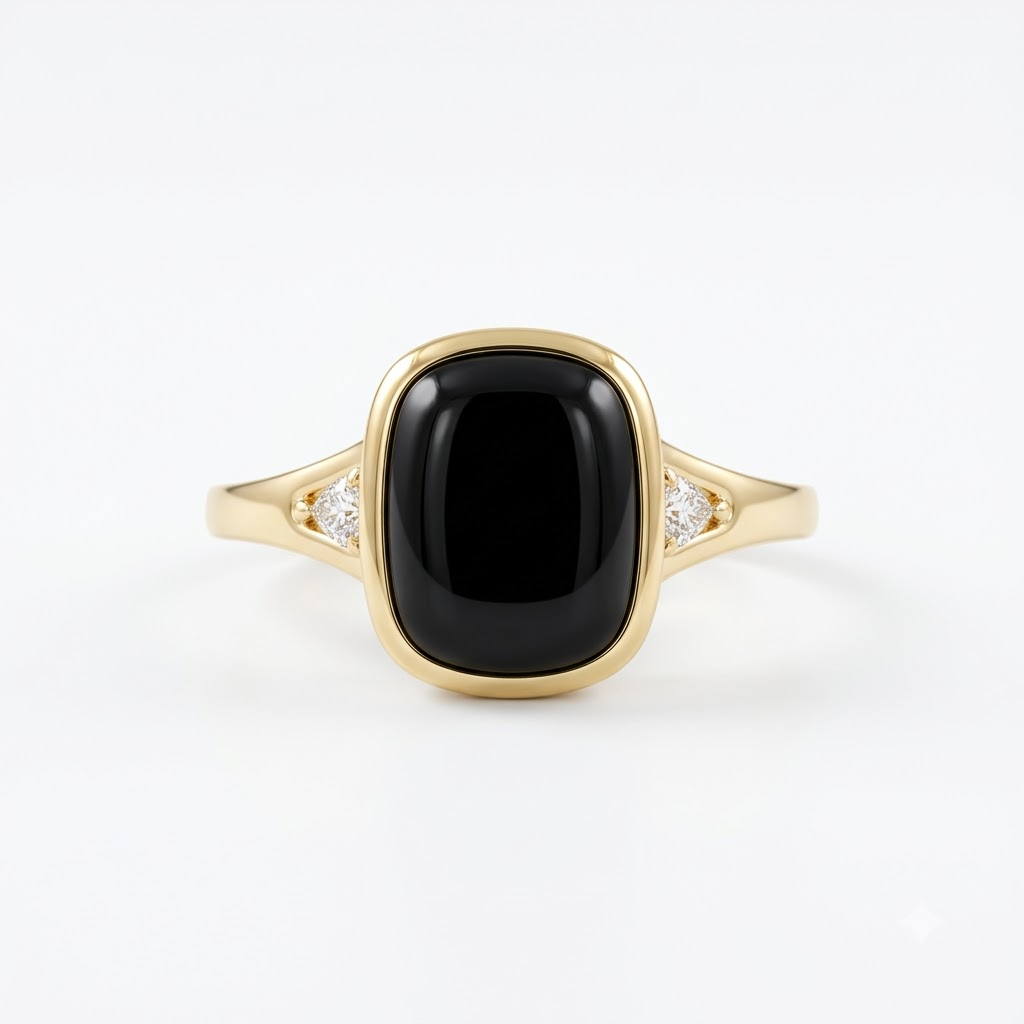 Bezel Set 2 Ct Cushion Cut Onyx Gold Engagement Ring