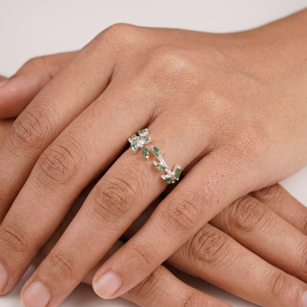 Leaf Moss Agate Wedding Band For Women With Model Finger
