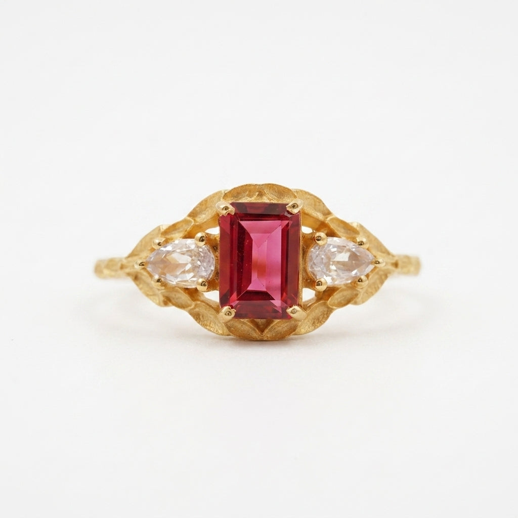 Emerald Cut Ruby Nature Inspired Leaf Gold Stacking Ring