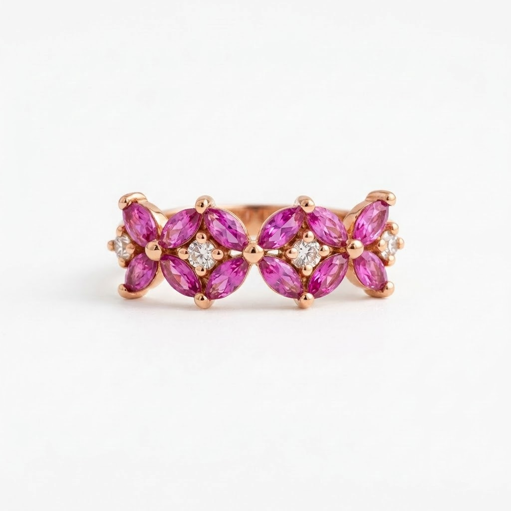 Vintage Pink Sapphire Marquise Cluster Rose Gold Engagement Ring