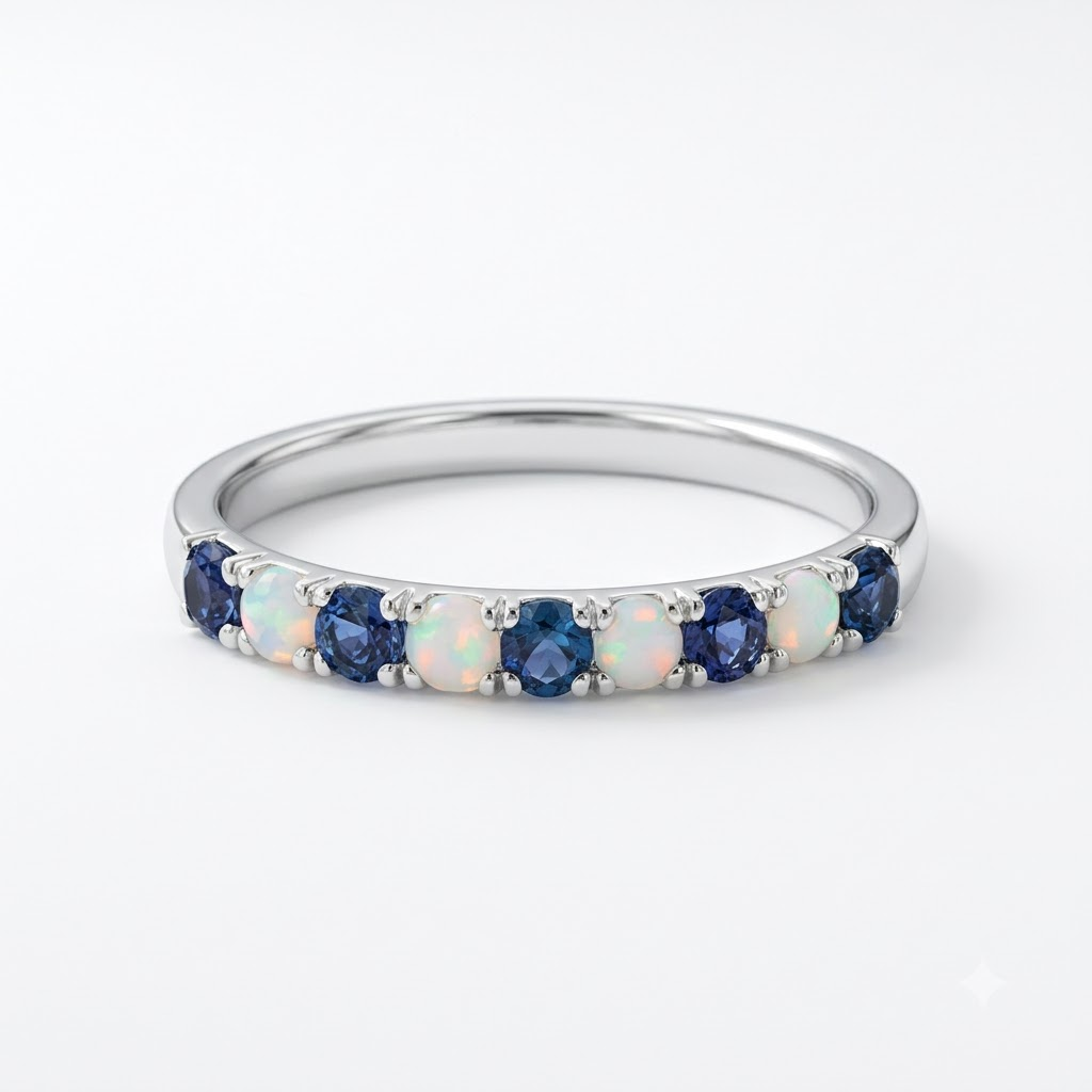 Opal and Alexandrite Ring Sterling Silver, Dainty Gemstone Band