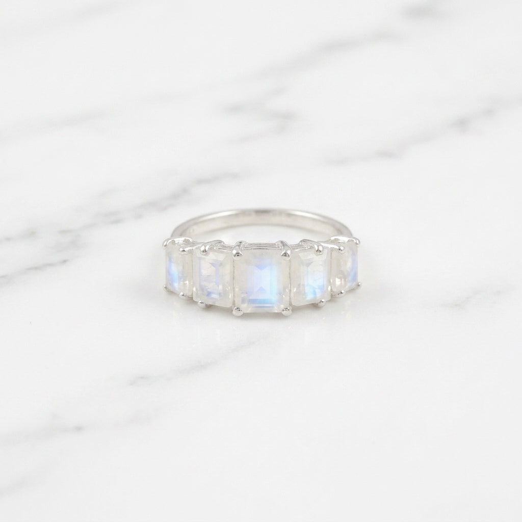 Emerald Cut Moonstone Engagement Ring 925 Sterling Silver
