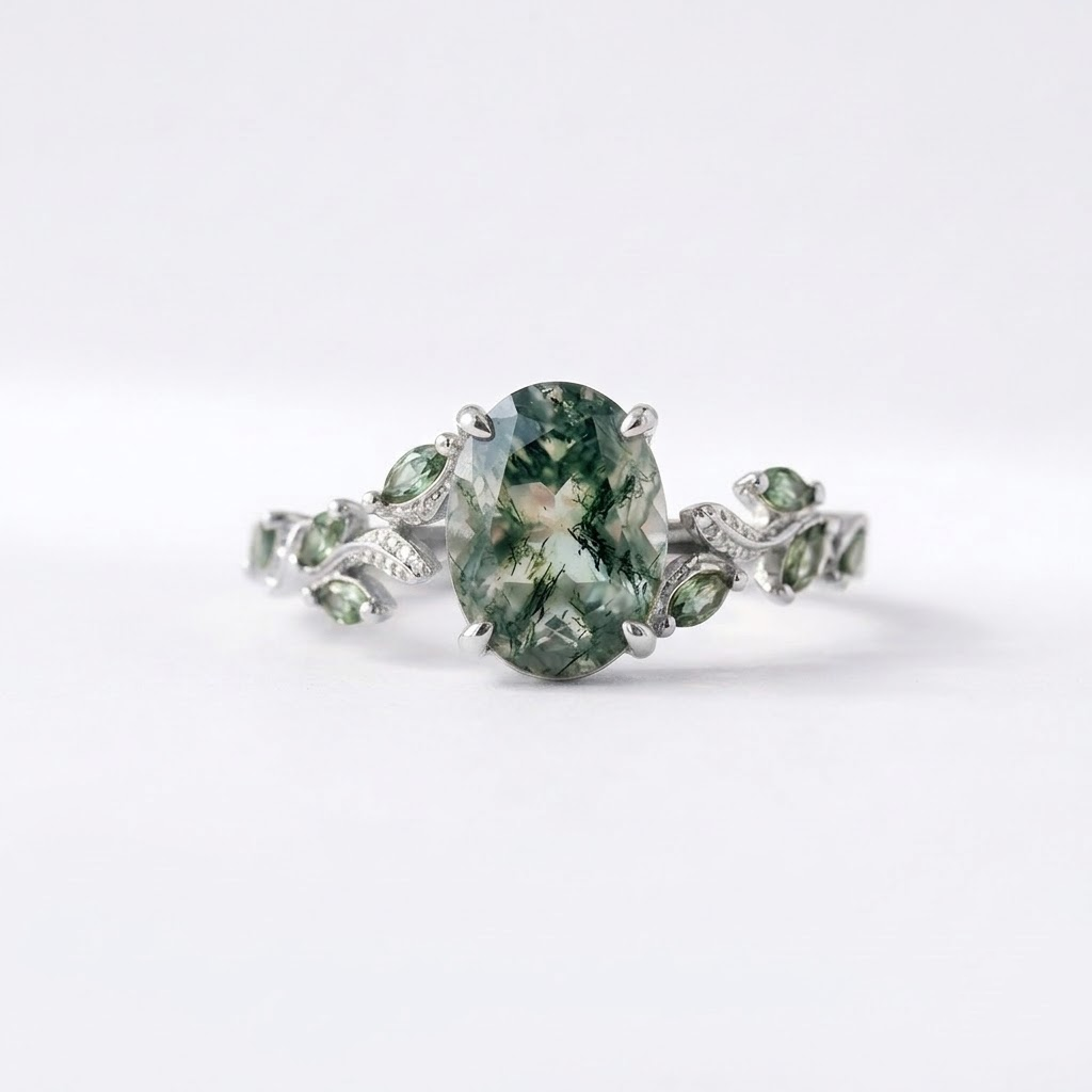 Oval Moss Agate Leaf Vintage Bridal Gold Silver Engagement Ring