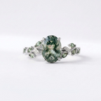 Oval Moss Agate Leaf Vintage Bridal Gold Silver Engagement Ring