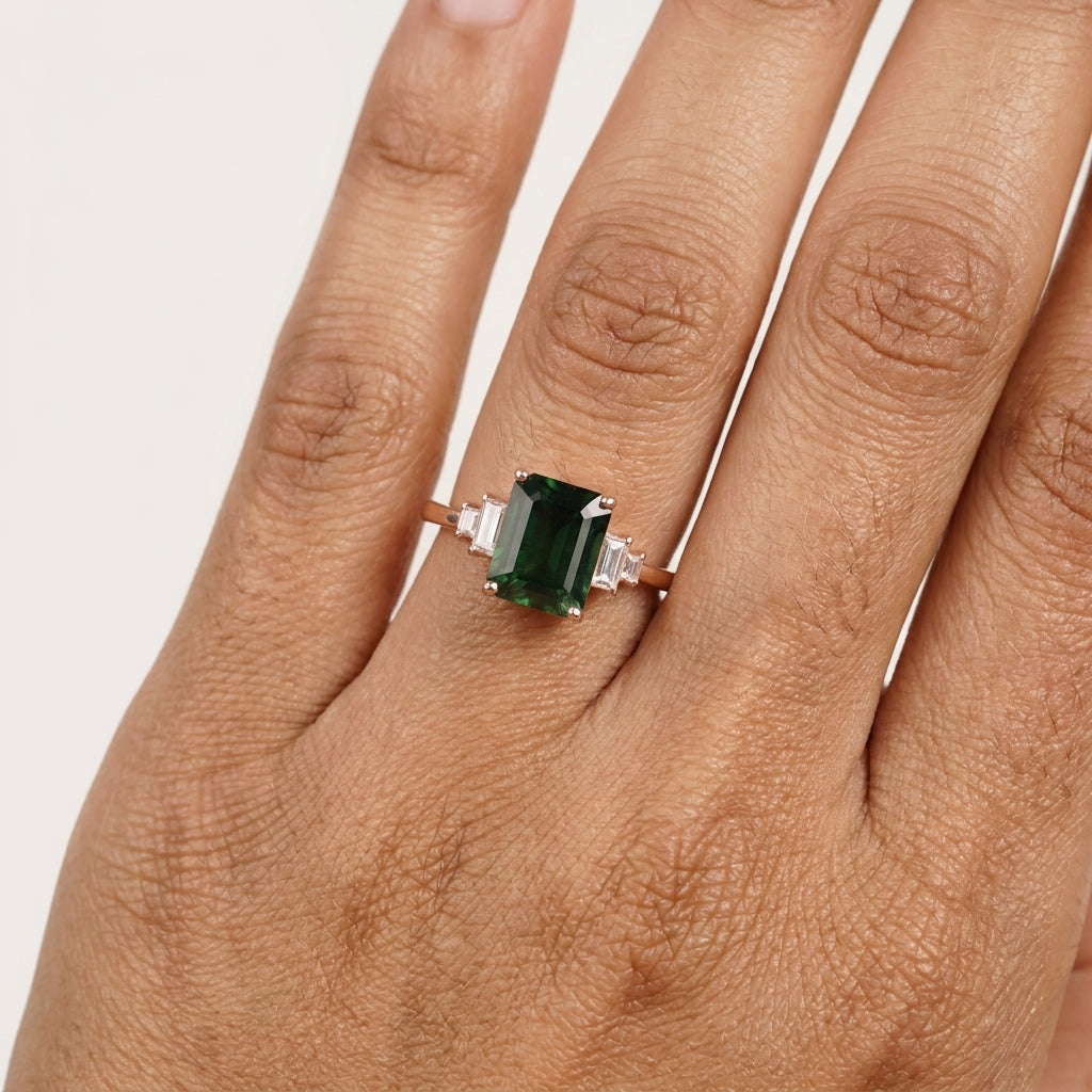 Green Emerald Gemstone Engagement Ring With Model Finger