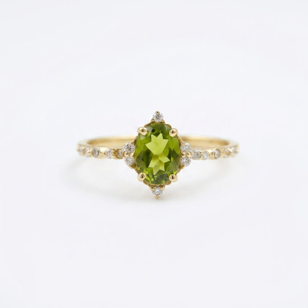 Oval Cut Cluster Halo Diamond Peridot Gold Engagement Ring