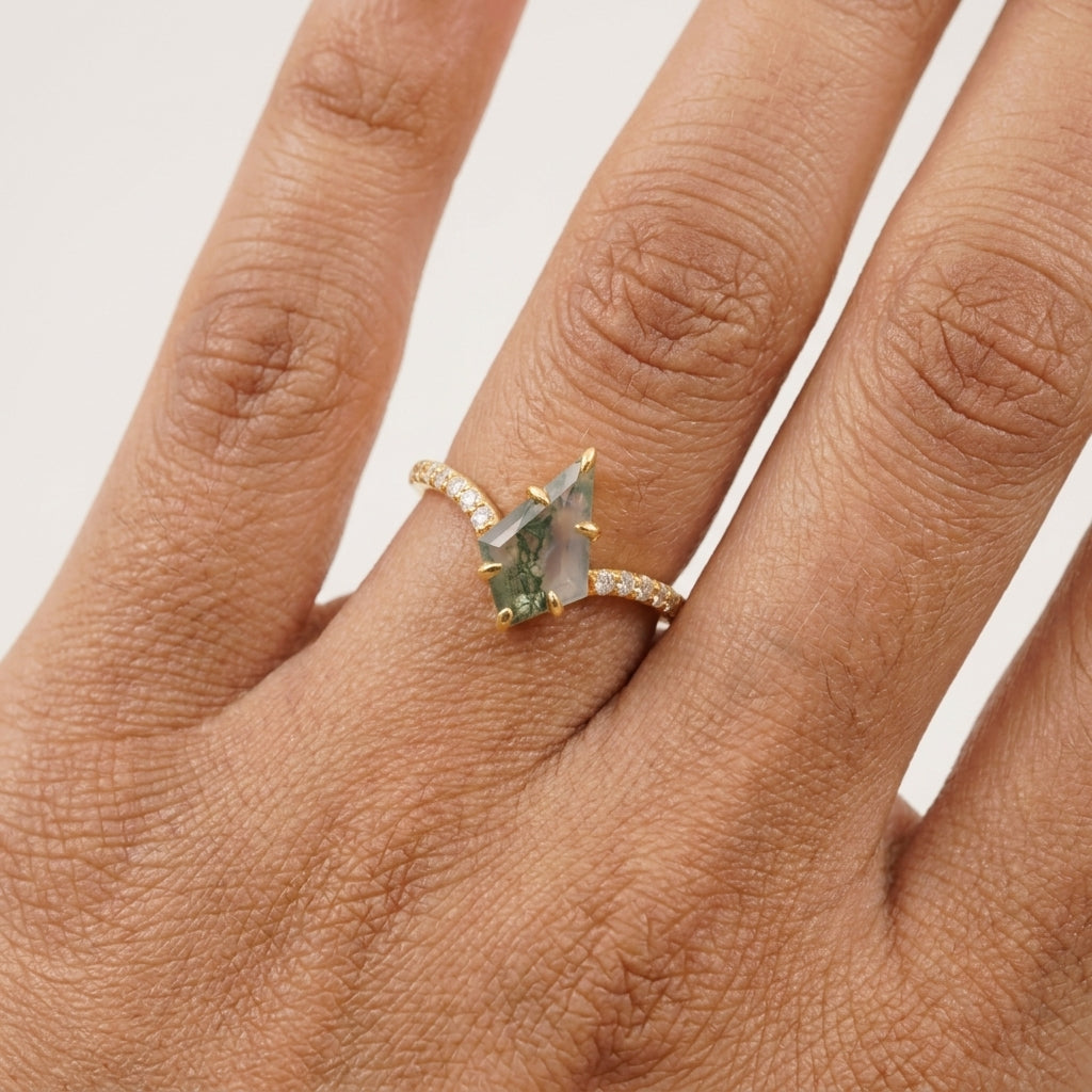 Kite Moss Agate Halo Diamond Engagement Ring Within Finger