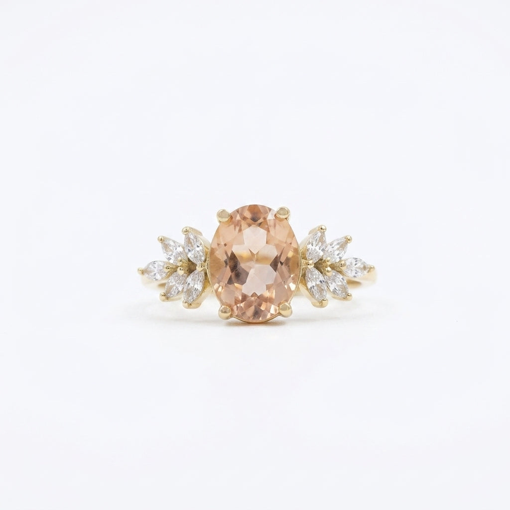 Oval Morganite Gemstone CZ Cluster Gold Engagement Ring