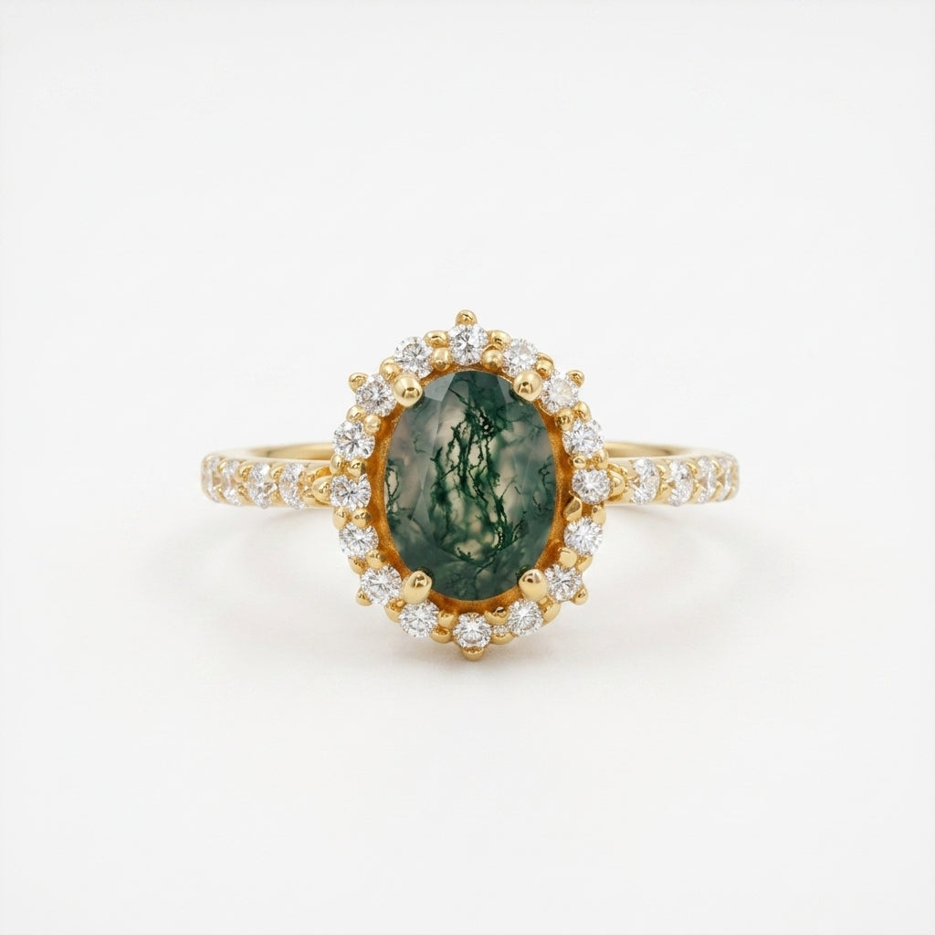 Oval Moss Agate Halo Diamond Engagement Ring Yellow Gold