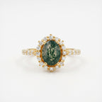 Oval Moss Agate Halo Diamond Engagement Ring Yellow Gold