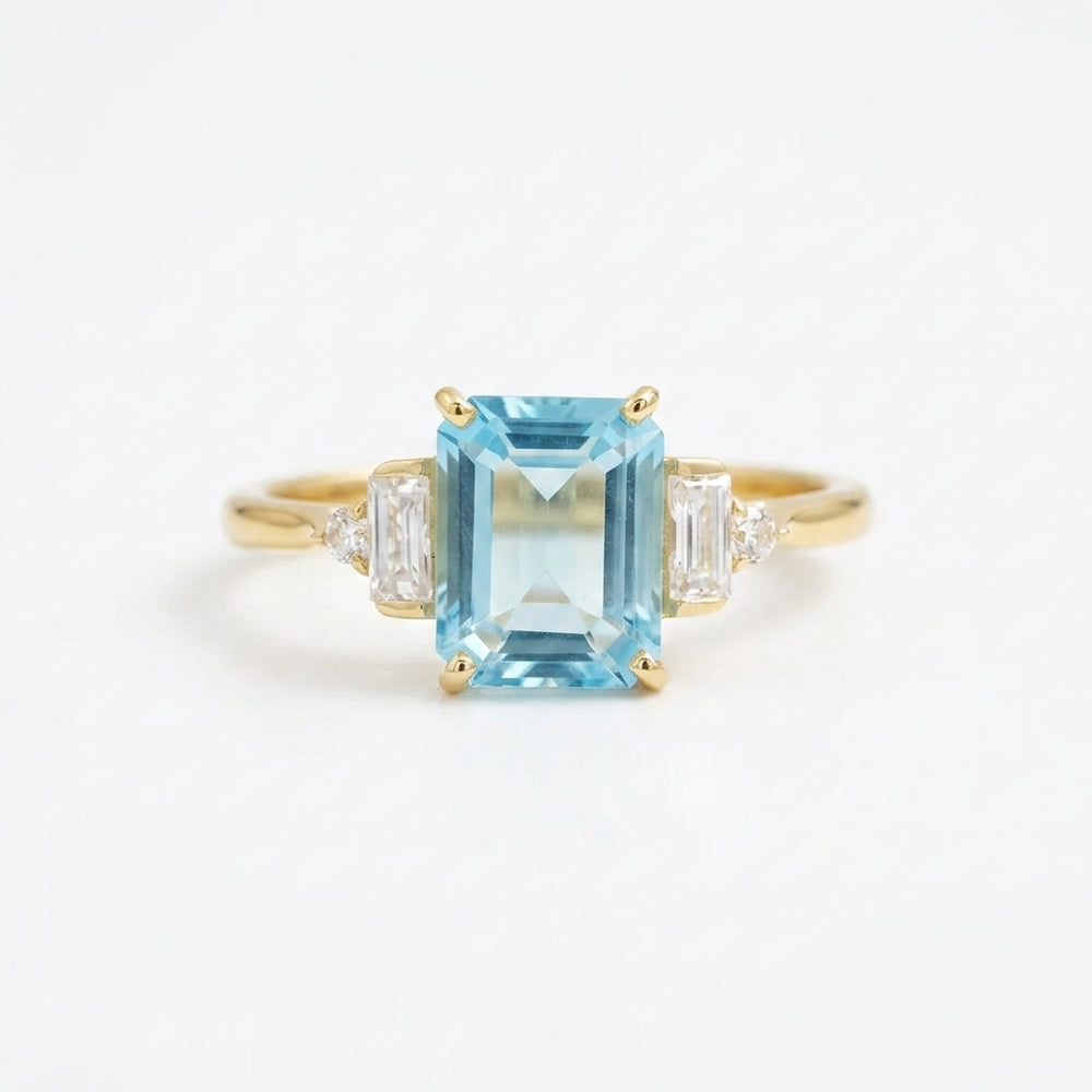 Aquamarine Gemstone Engagement Ring Emerald Cut Gold Ring For Women