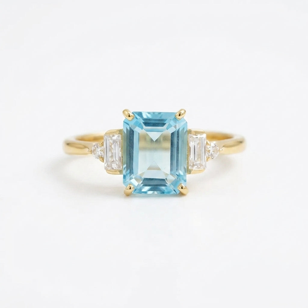 Aquamarine Gemstone Engagement Ring Emerald Cut Gold Ring For Women