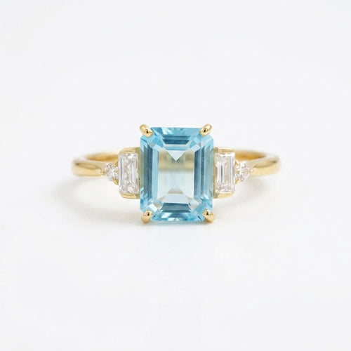 Aquamarine Gemstone Engagement Ring Emerald Cut Gold Ring For Women