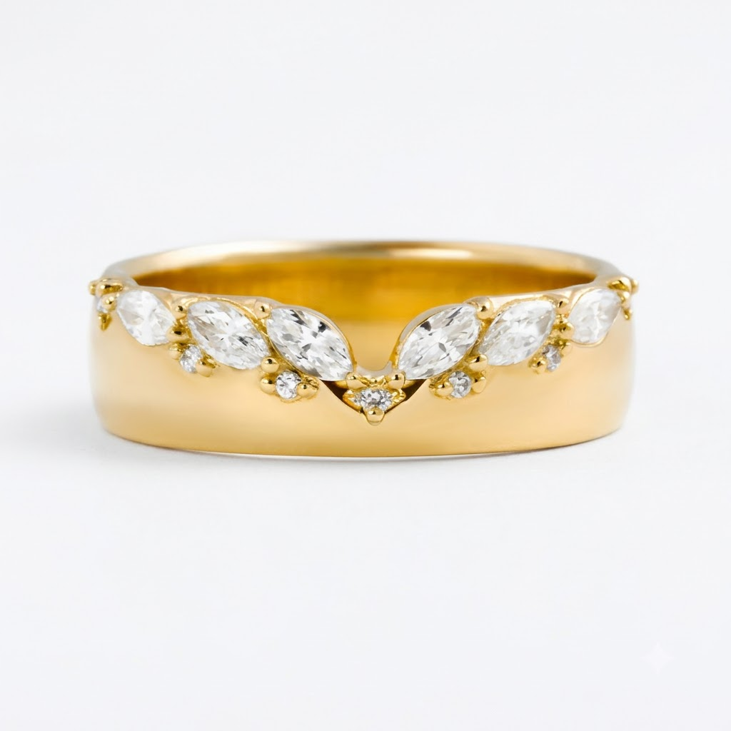Marquise Moissanite Curved Gold Wedding Band