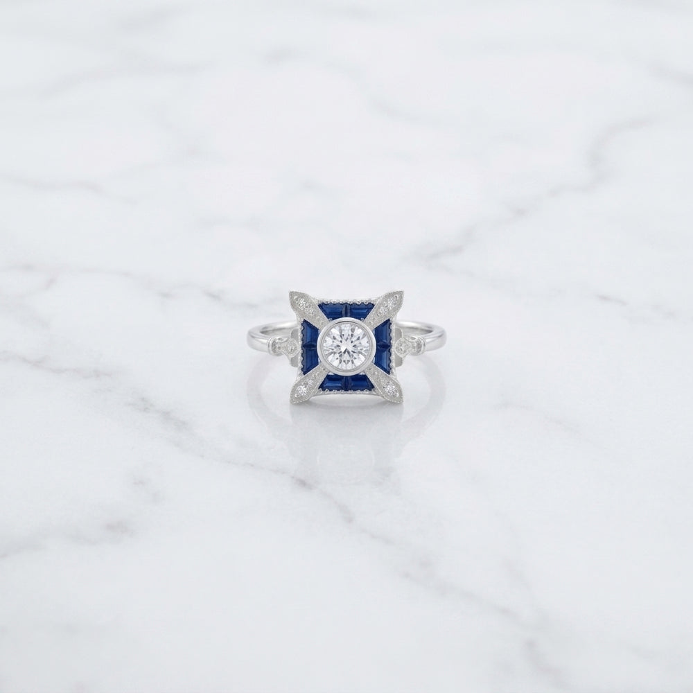 Antique Blue Sapphire & Diamond Vintage Silver Engagement Ring