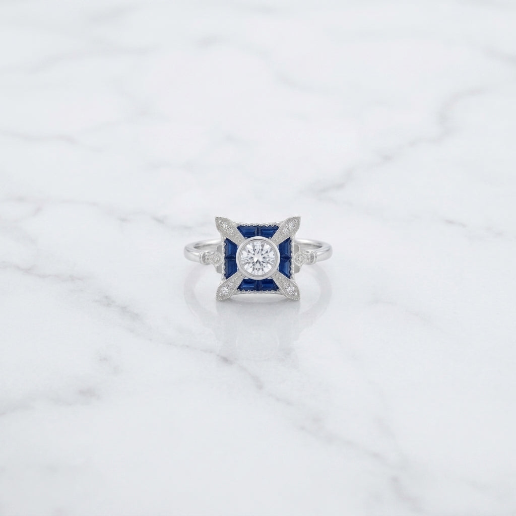 Antique Blue Sapphire & Diamond Vintage Silver Engagement Ring