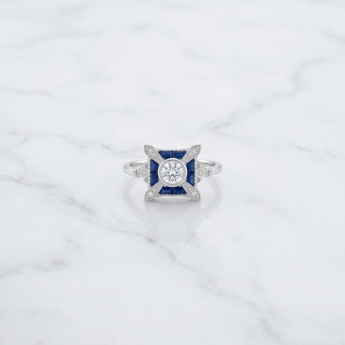 Antique Blue Sapphire & Diamond Vintage Silver Engagement Ring