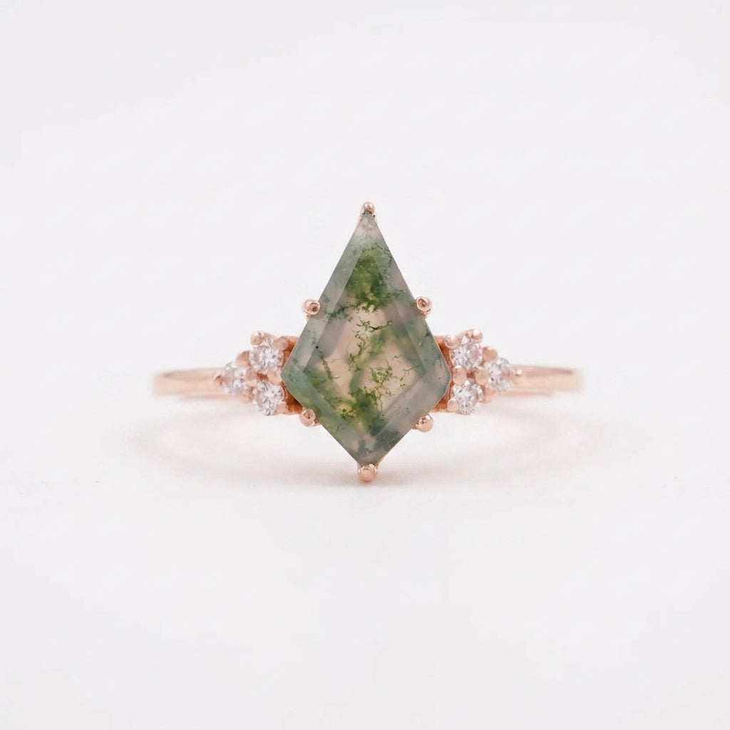 Kite Shaped Moss Agate Rose Gold Engagement Ring
