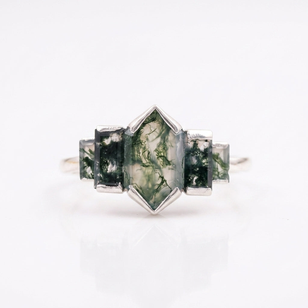 Bezel Set Moss Agate Hexagon Engagement SIlver Ring