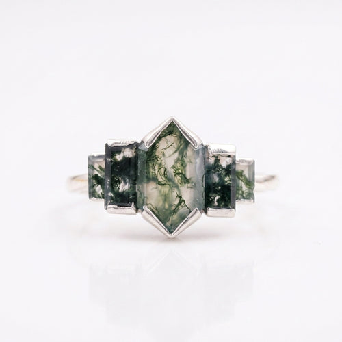 Bezel Set Moss Agate Hexagon Engagement SIlver Ring