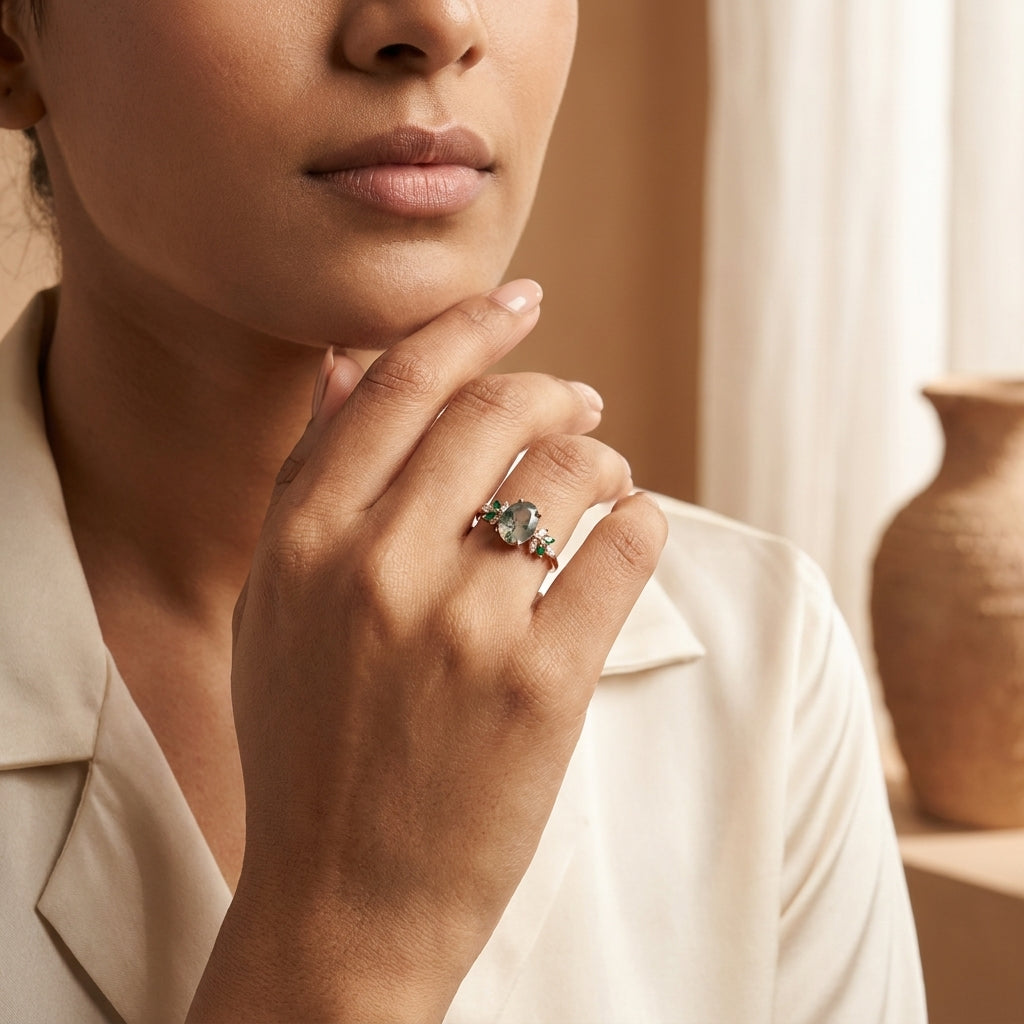 Oval Moss Agate Marquise Emerald And CZ Engagement Ring With Model