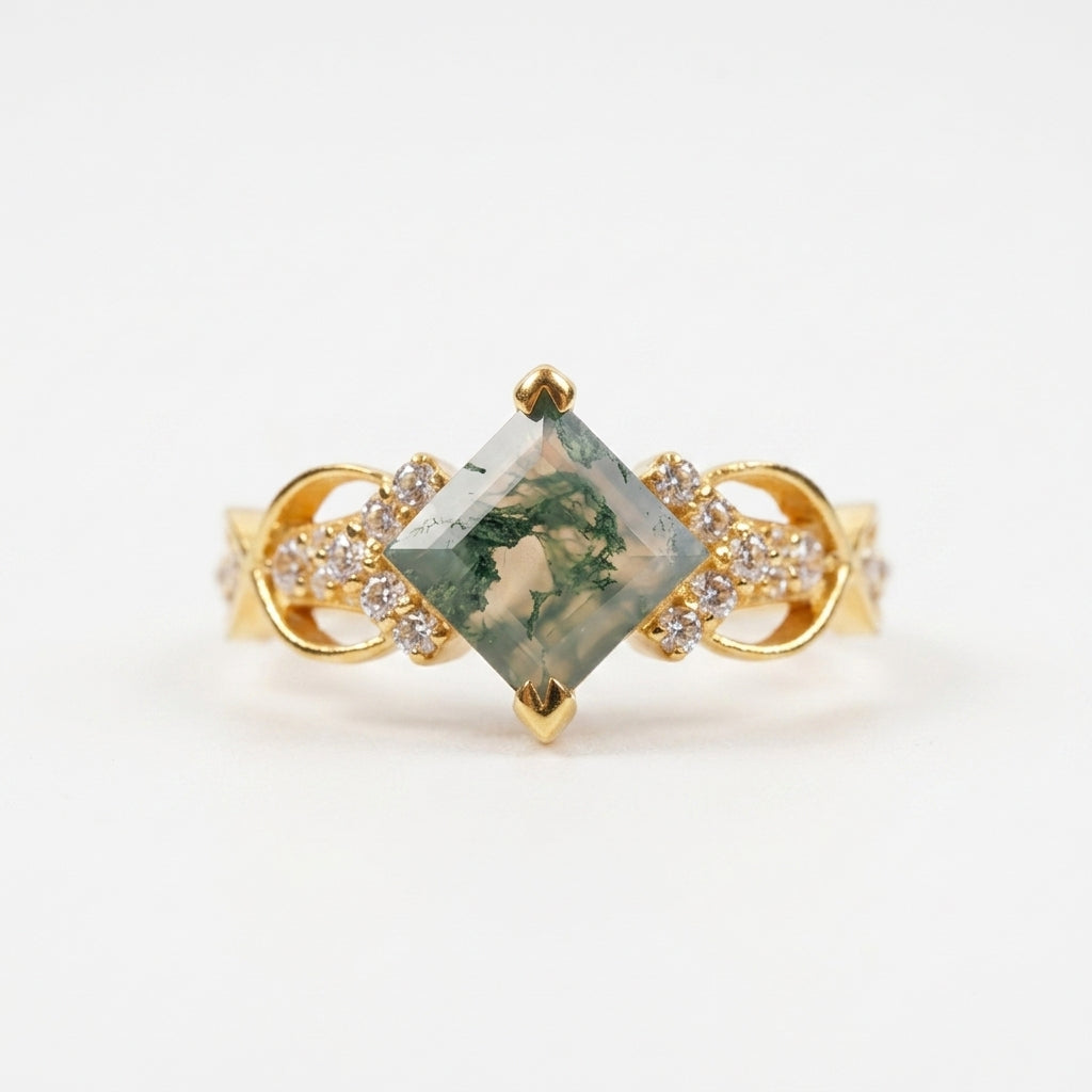 Princess cut Moss Agate Gold engagement ring