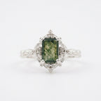 Vintage Emerald Cut Moss Agate Moissanite White Gold Engagement Ring
