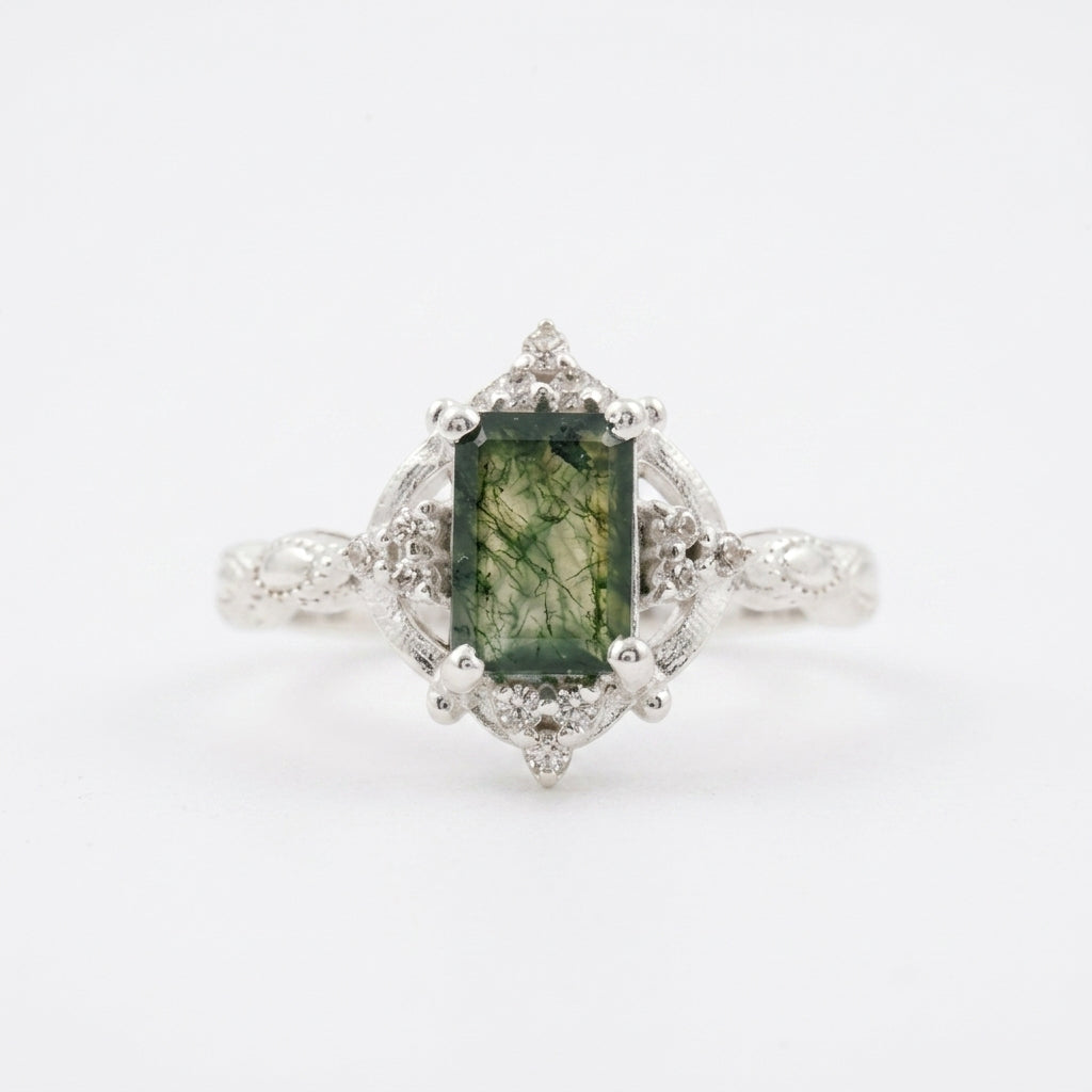 Vintage Emerald Cut Moss Agate Moissanite White Gold Engagement Ring