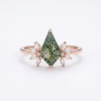Kite Shaped Moss Agate Marquise Diamond Rose Gold Engagement Ring