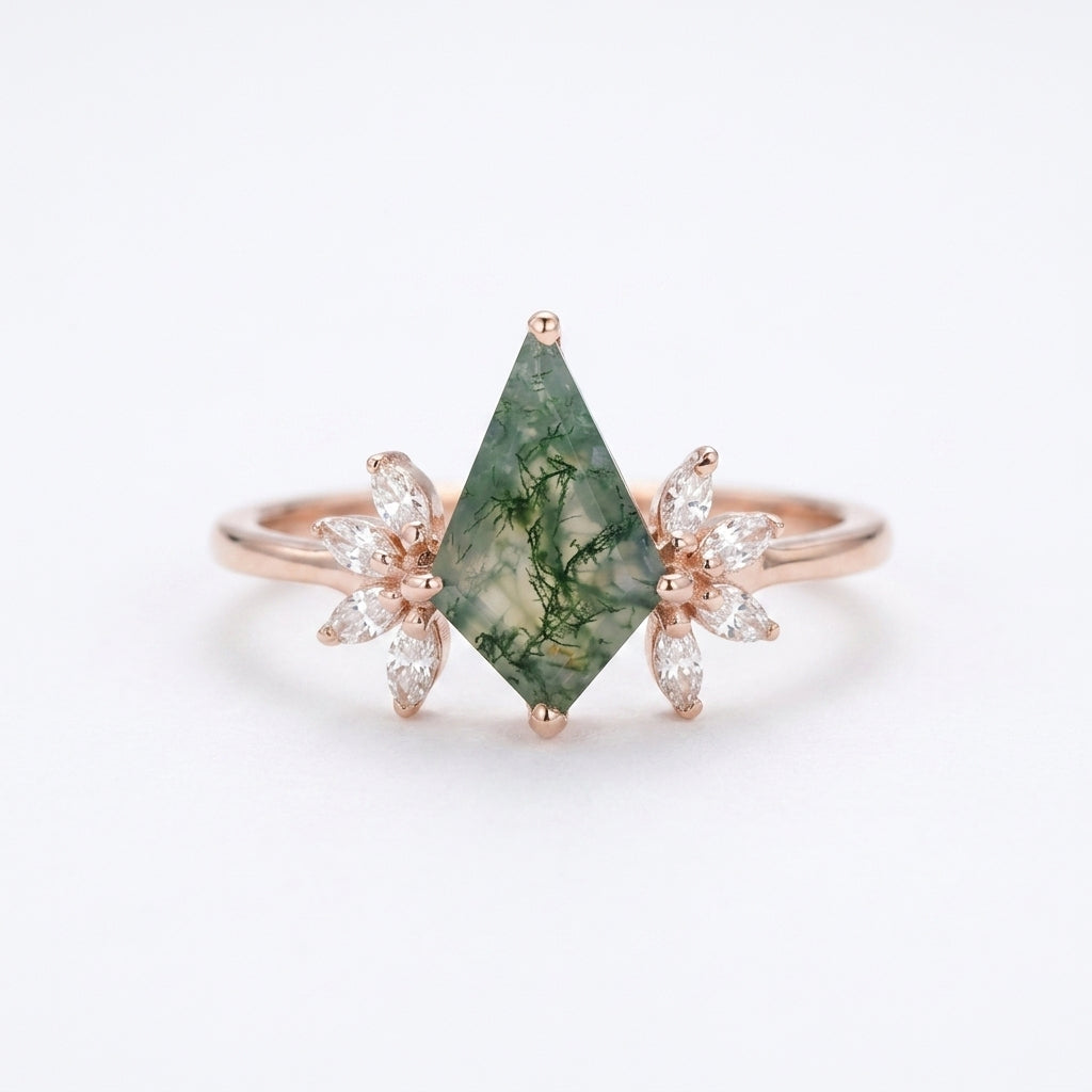 Kite Shaped Moss Agate Marquise Diamond Rose Gold Engagement Ring