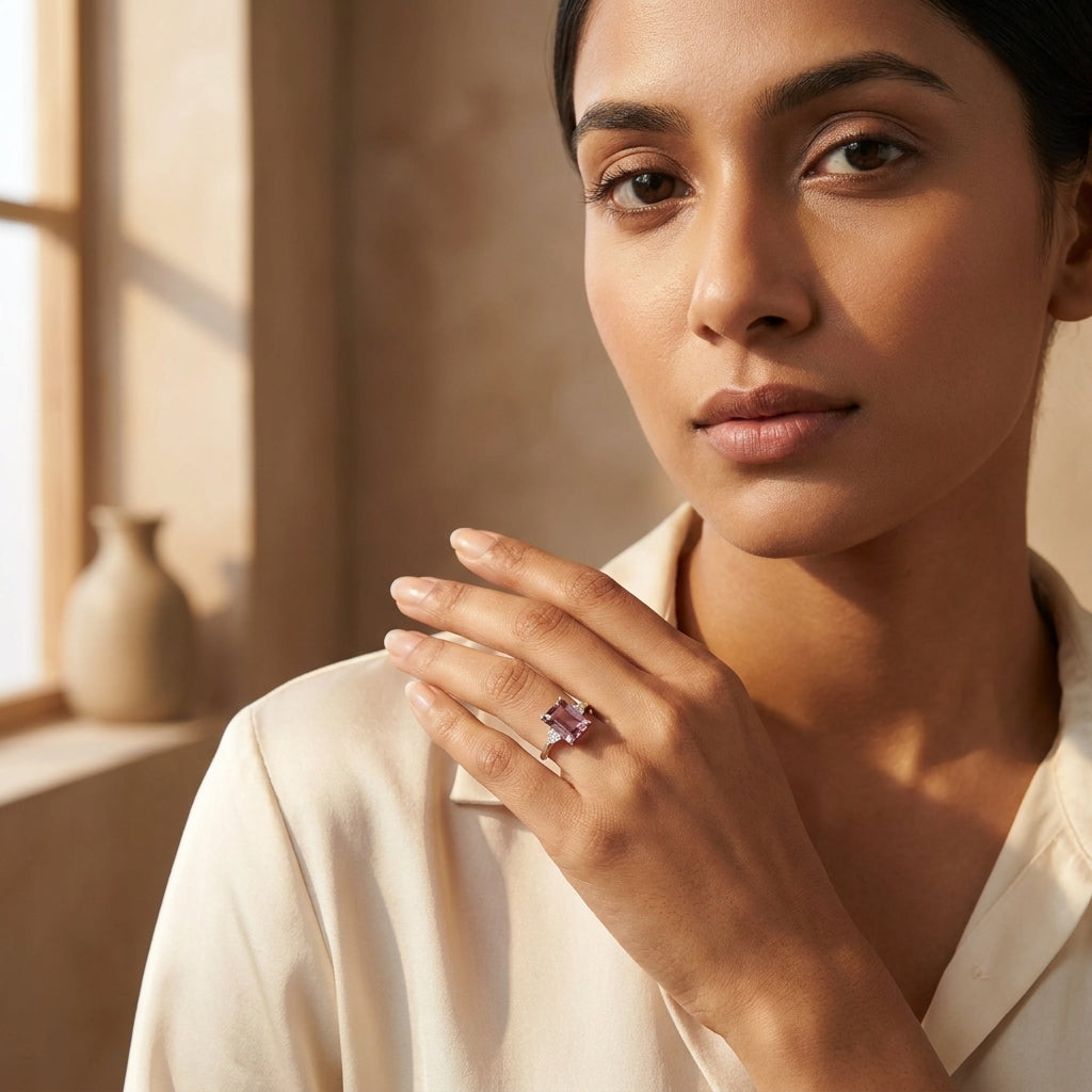 Emerald Cut Pink Tourmaline Ring With Model