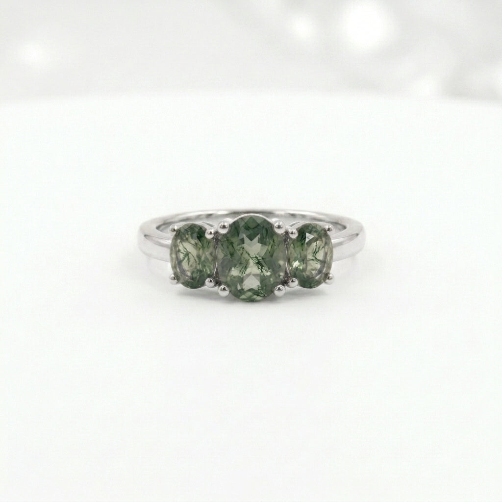 Oval Moss Agate Stacking Ring Three Stone White Gold Ring