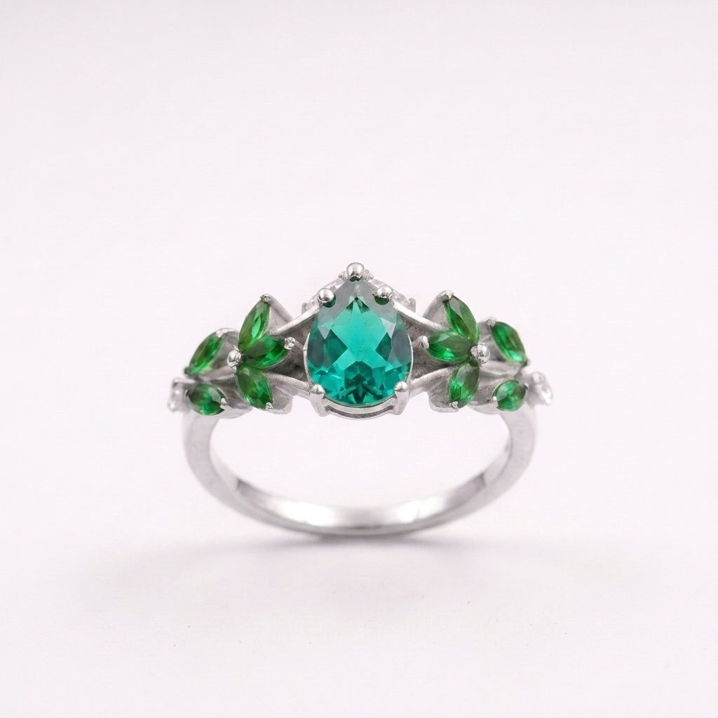 Pear Emerald Cluster Marquise Silver Engagement Ring