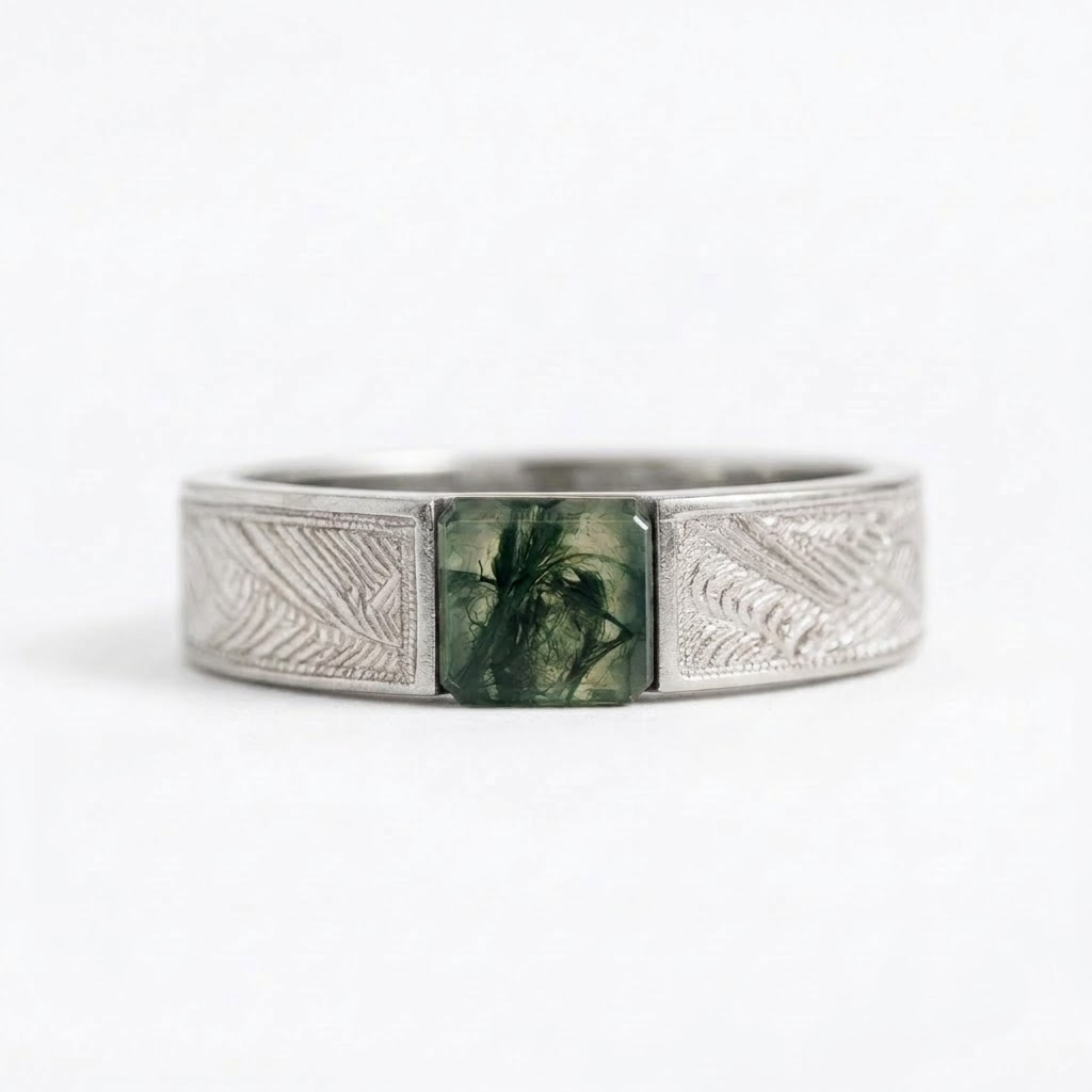 Natural Unique Green Moss Agate Men Silver Wedding Band