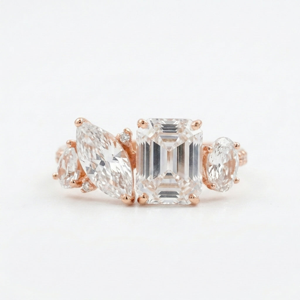 Cluster Moissanite Engagement Ring Emerald and Marquise Cut Rose GOld Ring