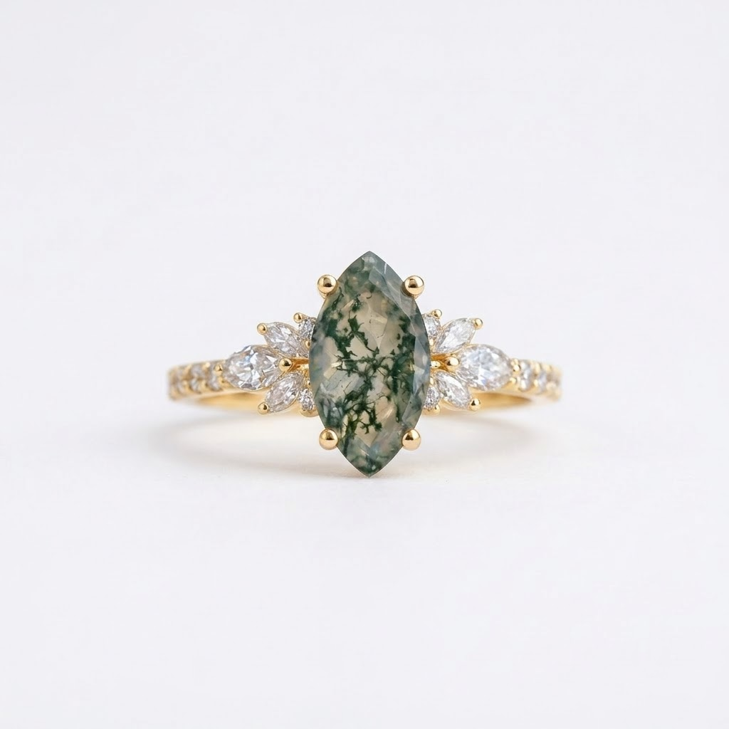 Vintage Marquise Moss Agate  Gold Engagement Ring