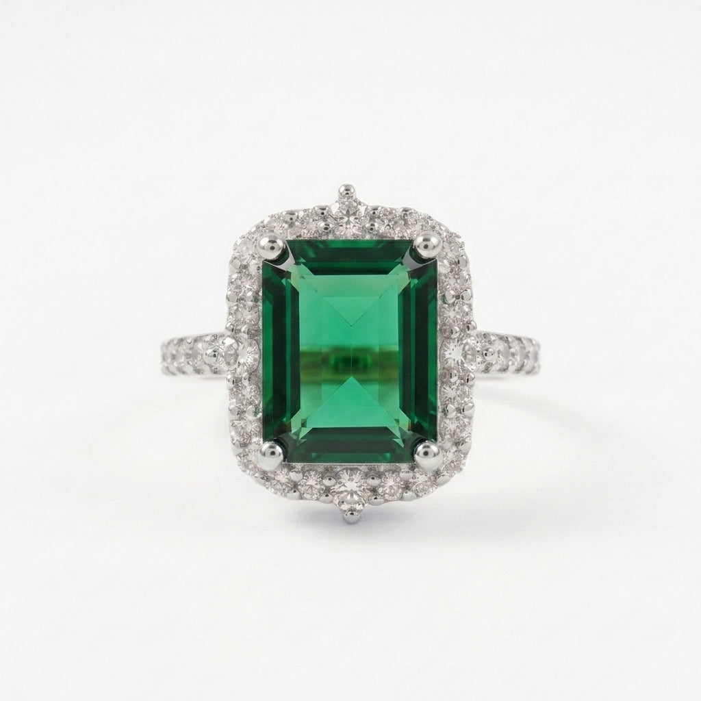 Emerald Cut Cluster Halo Engagement SIlver Ring