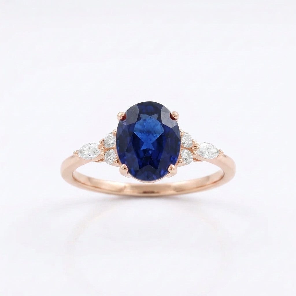 Oval Cut Blue Sapphire Sterling Rose Gold Engagement Ring