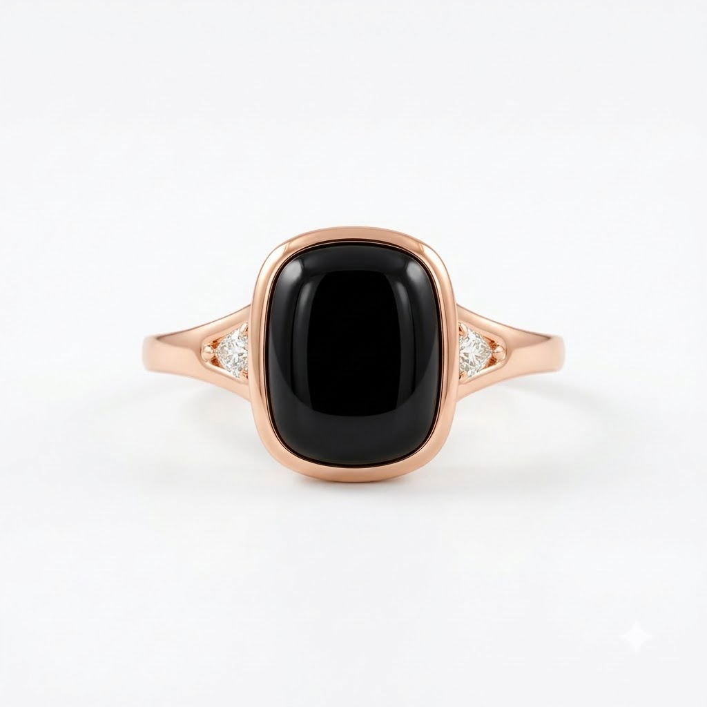 Bezel Set 2 Ct Cushion Cut Onyx Rose Gold Engagement Ring