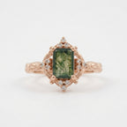 Vintage Emerald Cut Moss Agate Moissanite Rose Gold Engagement Ring