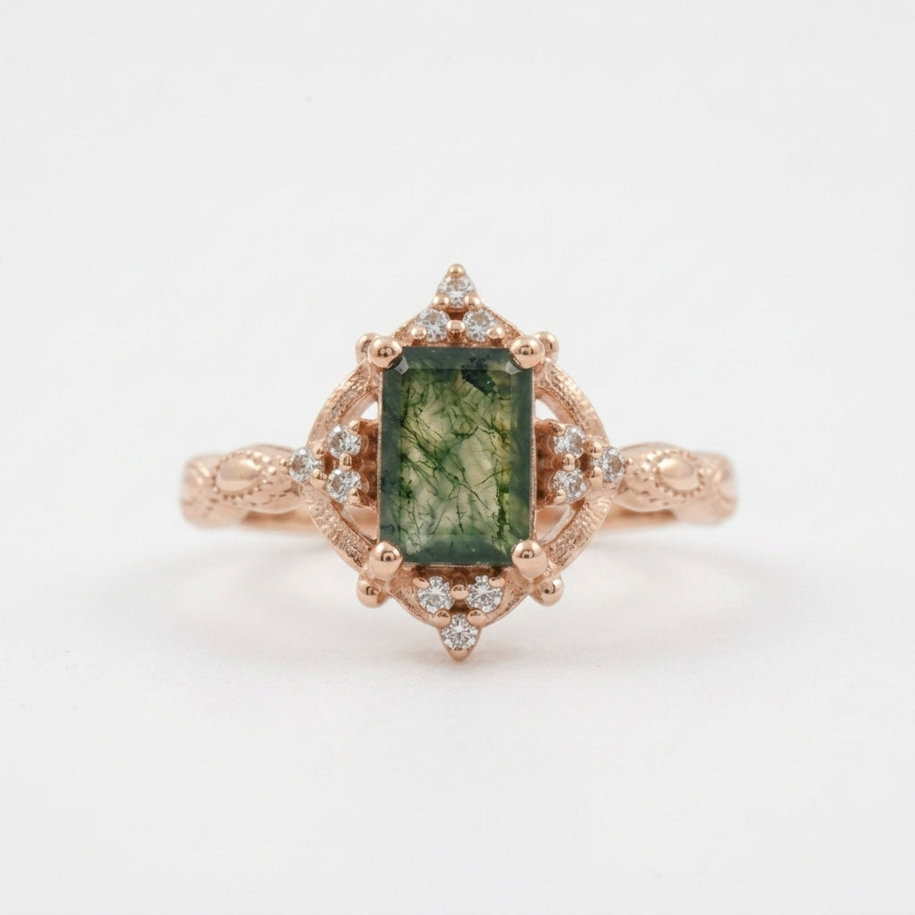 Vintage Emerald Cut Moss Agate Moissanite Rose Gold Engagement Ring