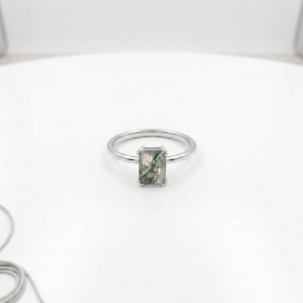 Emerald Cut Moss Agate Green Gemstone Solitaire Silver Ring