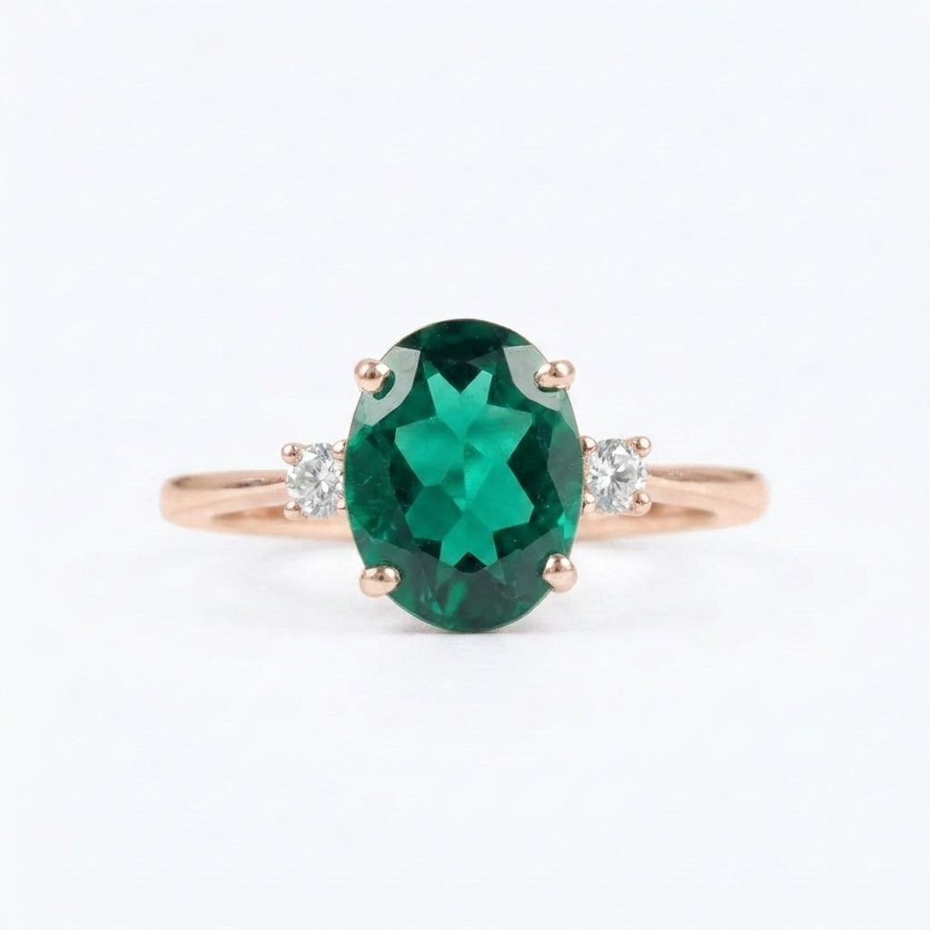 Oval Cut Emerald & Zirconia Three Stone Engagement Rose Gold Ring 
