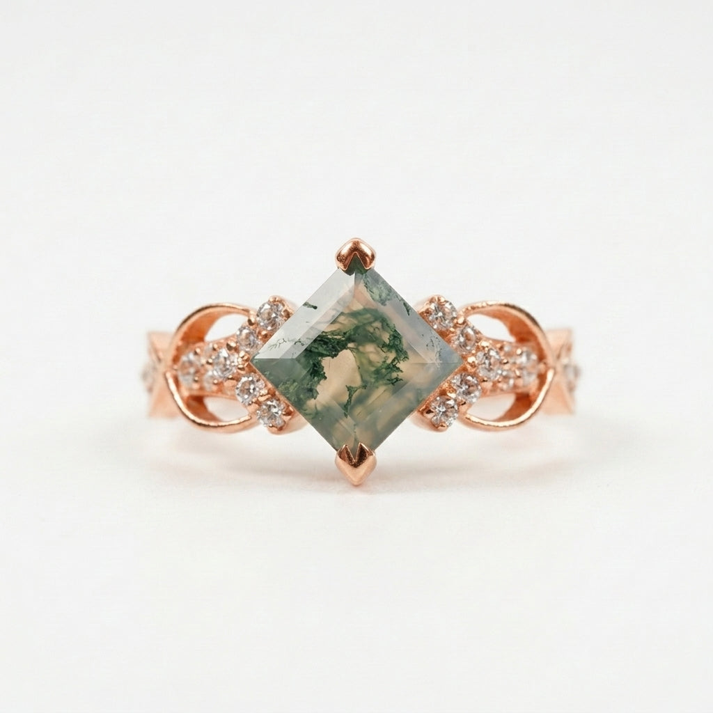 Princess cut Moss Agate Rose Gold engagement ring