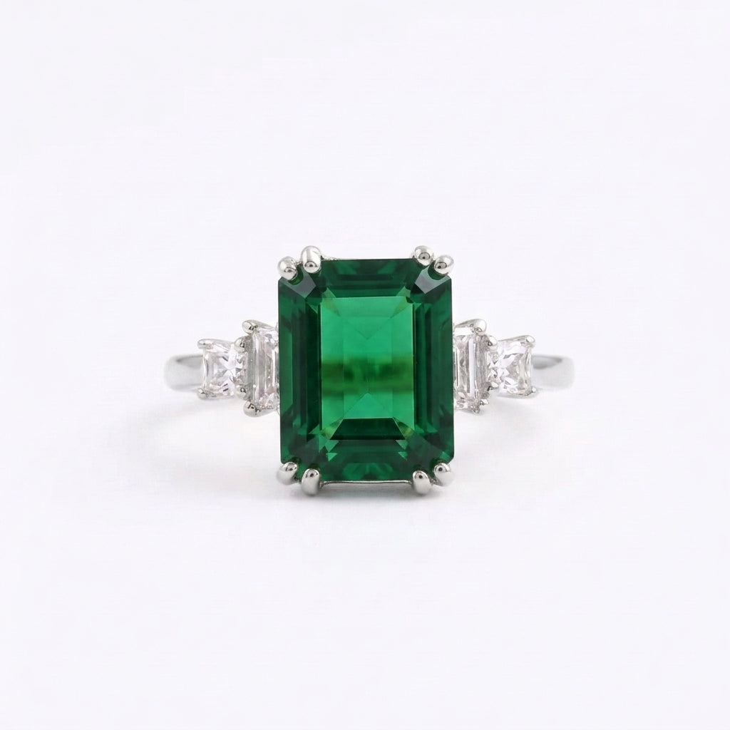 Emerald CZ Diamond Silver Engagement Ring - Gigiscc