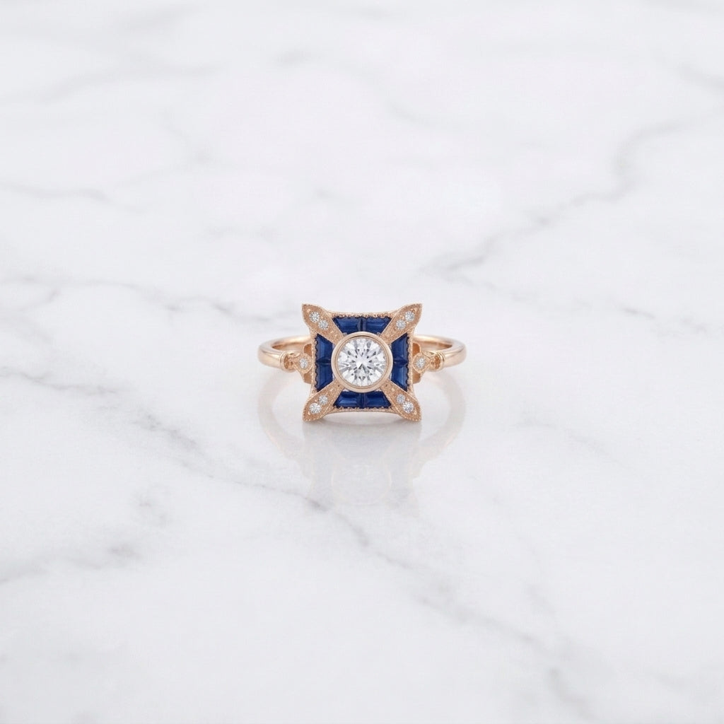 Antique Blue Sapphire & Diamond Vintage Rose Gold Engagement Ring