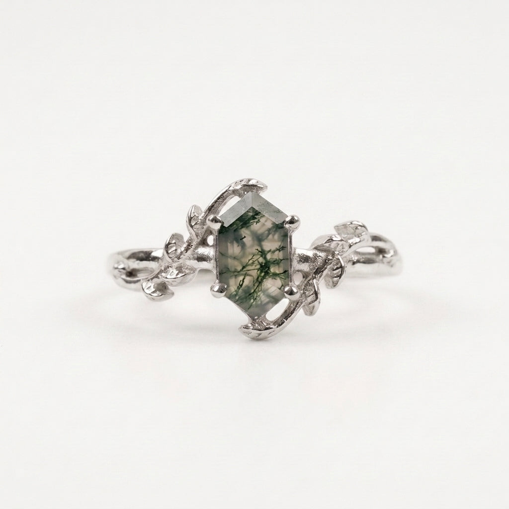 Long Hexagon Cut Moss Agate Leaf Solitaire Silver Ring